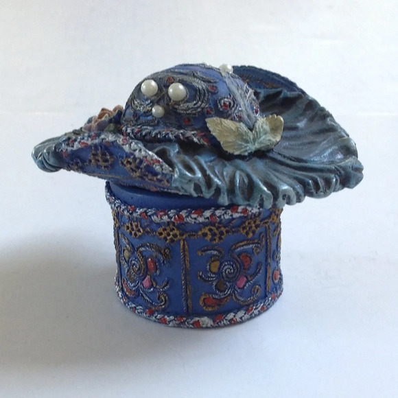 Trinket Box Hat Adorned Pearl Floral Feather Jewelry Box Home Decor Blue - Picture 2 of 8
